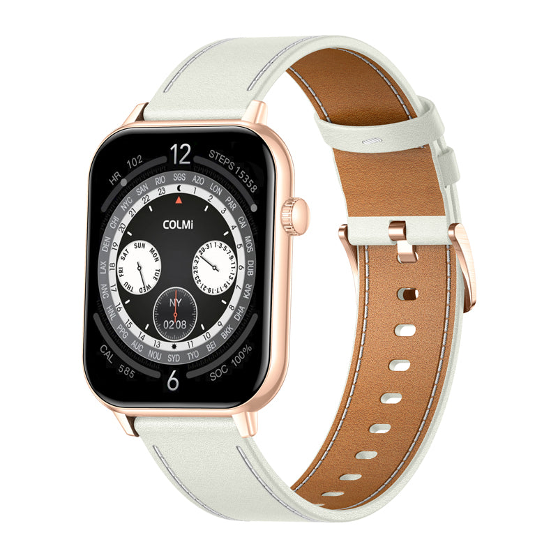 COLMI C28 Smartwatch in Gold with a White Leather Strap - Image 1