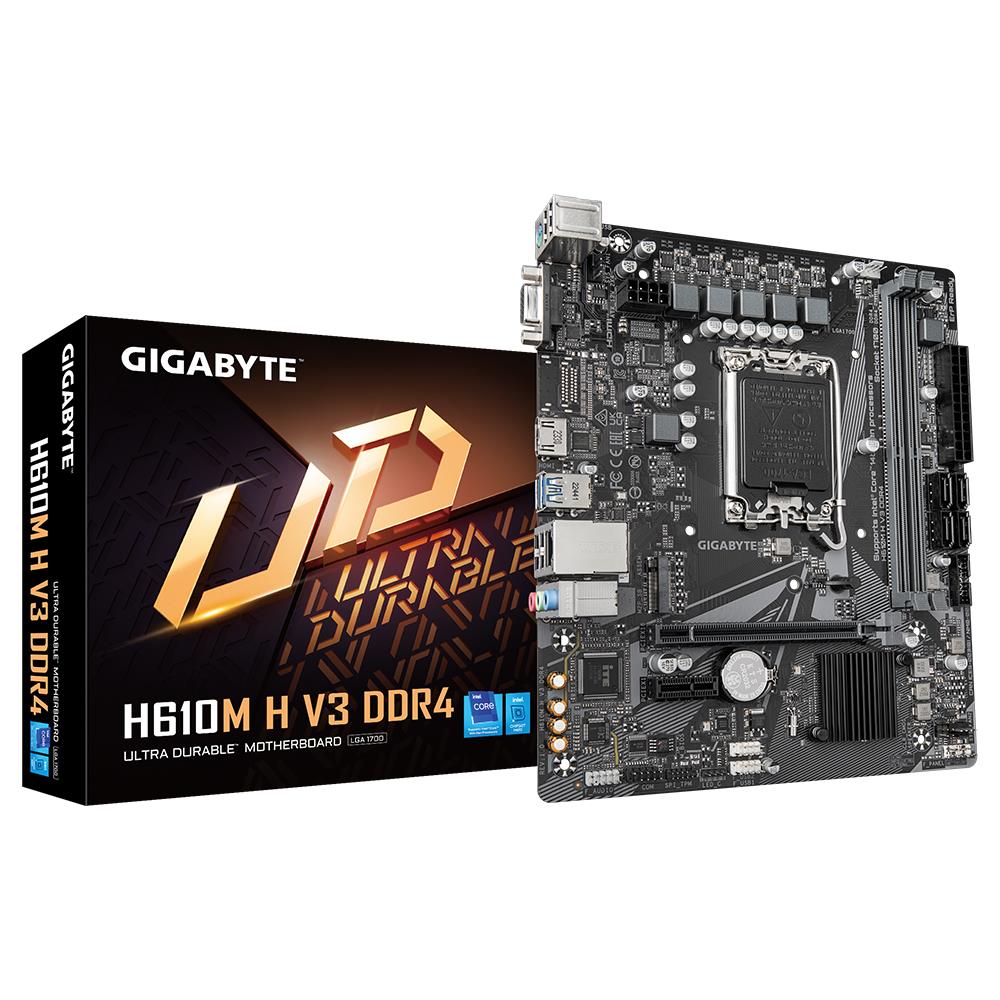 Mainboard GIGABYTE Intel H610 LGA1700 Micro-ATX Memory DDR4 Memory slots 2 1xPCI-Express 3.0 1x 1xPCI-Express 4.0 16x 1xM.2 1x15pin D-sub 1xHDMI 4xUSB 2.0 2xUSB 3.2 1xPS/2 1xRJ45 3xAudio port H610MHV3DDR4