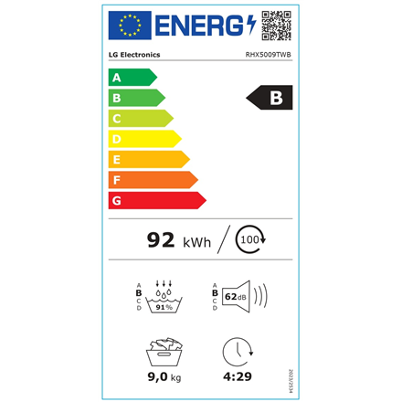 LG Dryer Machine with Heat Pump | RHX5009TWB | Energy efficiency class B | Front loading | 9 kg | LED | Depth 66 cm | Wi