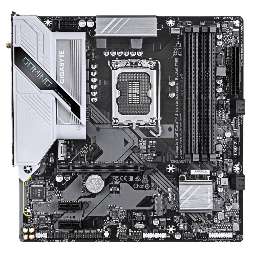 Mainboard GIGABYTE Intel B760 Express LGA1700 Micro-ATX Memory DDR4 Memory slots 4 2xPCI-Express 3.0 1x 1xPCI-Express 4.0 16x 2xM.2 1xHDMI 1xDisplayPort 2xUSB 2.0 1xUSB 3.2 1xUSB-C 1xPS/2 1xOptical S/PDIF 1xRJ45 3xAudio port B760MGPWIFIDDR41.0