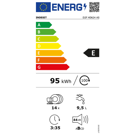 INDESIT Dishwasher | D2F HD624 AS | Free standing | Width 60 cm | Number of place settings 14 | Number of programs 9 | E