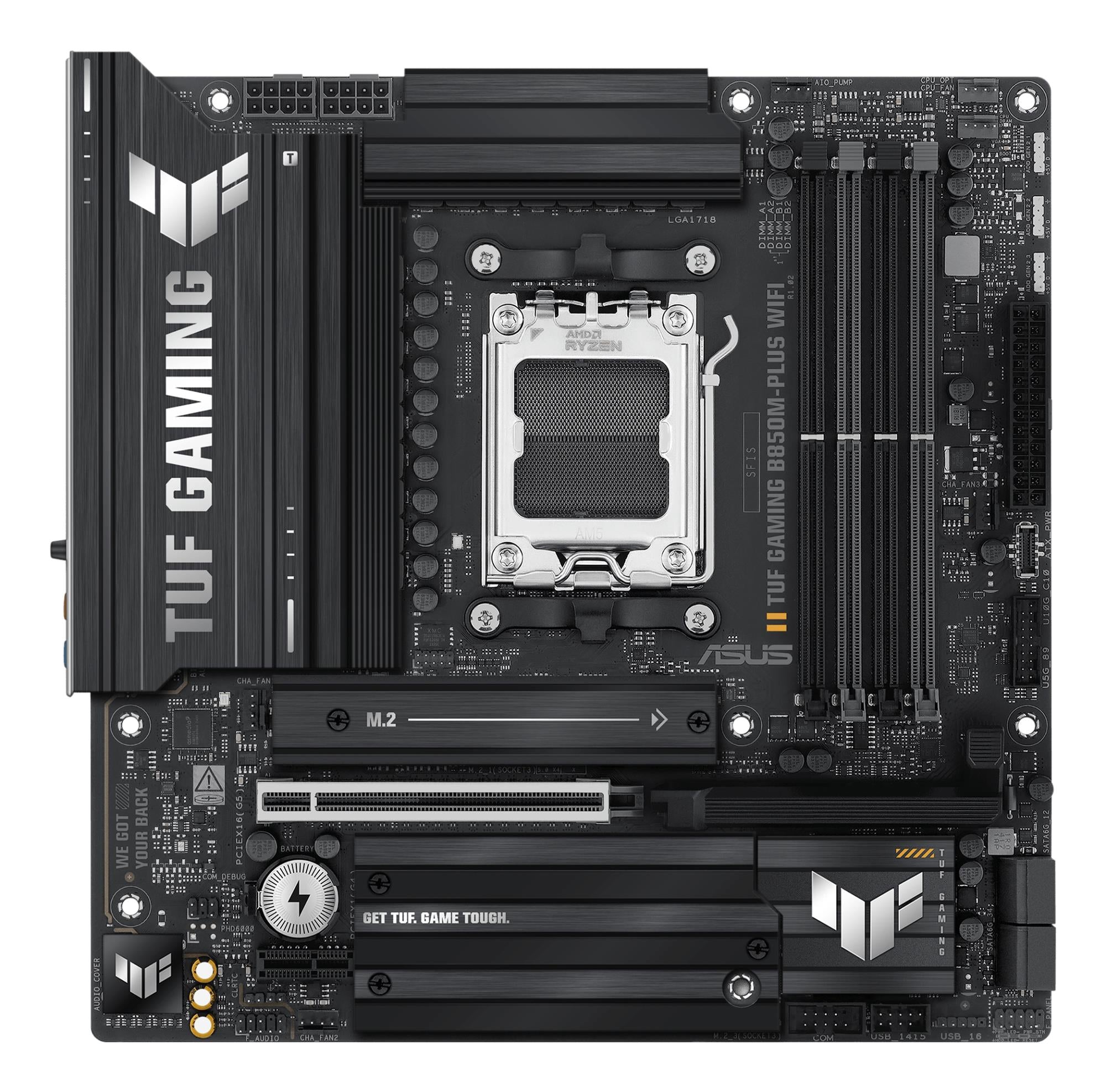 Mainboard ASUS AMD B850 SAM5 Micro-ATX Memory DDR5 Memory slots 4 1xPCI-Express 4.0 1x 1xPCI-Express 4.0 16x 1xPCI-Express 5.0 16x 3xM.2 1xHDMI 1xDisplayPort 11xUSB 2.0 2xUSB-C 1xRJ45 5xAudio port GAMINGB850M-PLUSWIFI