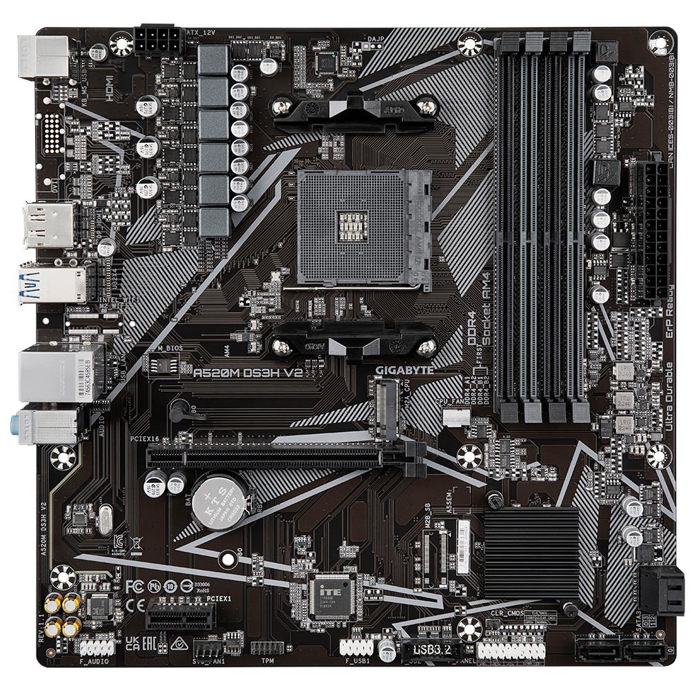 Mainboard GIGABYTE AMD A520 SAM4 Micro-ATX Memory DDR4 Memory slots 4 1xPCI-Express 3.0 1x 1xPCI-Express 3.0 16x 1xM.2 1xHDMI 1xDisplayPort 2xUSB 2.0 4xUSB 3.2 1xPS/2 1xRJ45 3xAudio port A520MDS3HV21.1