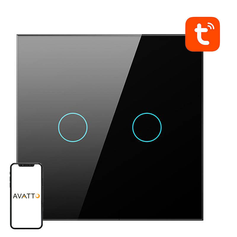 Smart Light Switch ZigBee Avatto LZTS02-EU-B2 2 Way No Neutral TUYA (black) - Product Image 1