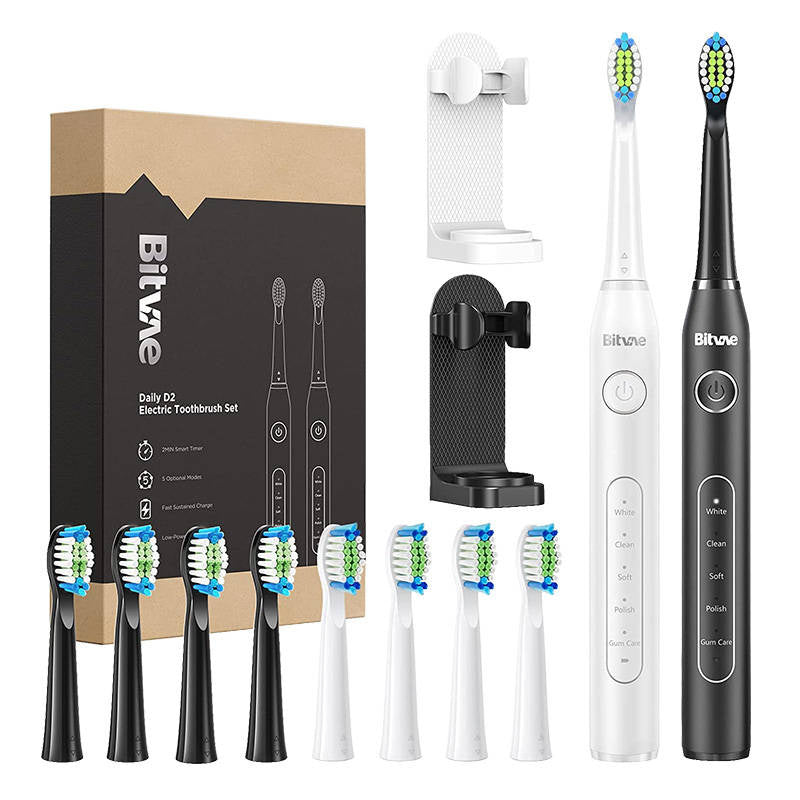 Sonic toothbrushes with tips set and 2 holders Bitvae D2+D2 (white and black) - Product Image 1