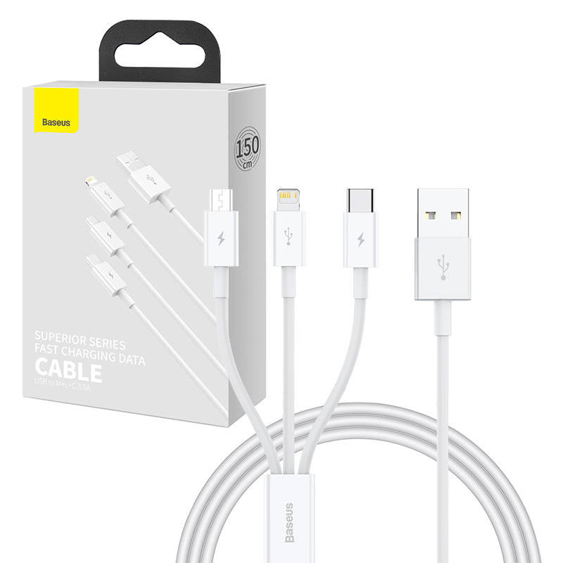 Quick Charge USB to M+L+C Baseus Superior Data 3.5A 1m (White) - Product Image 1