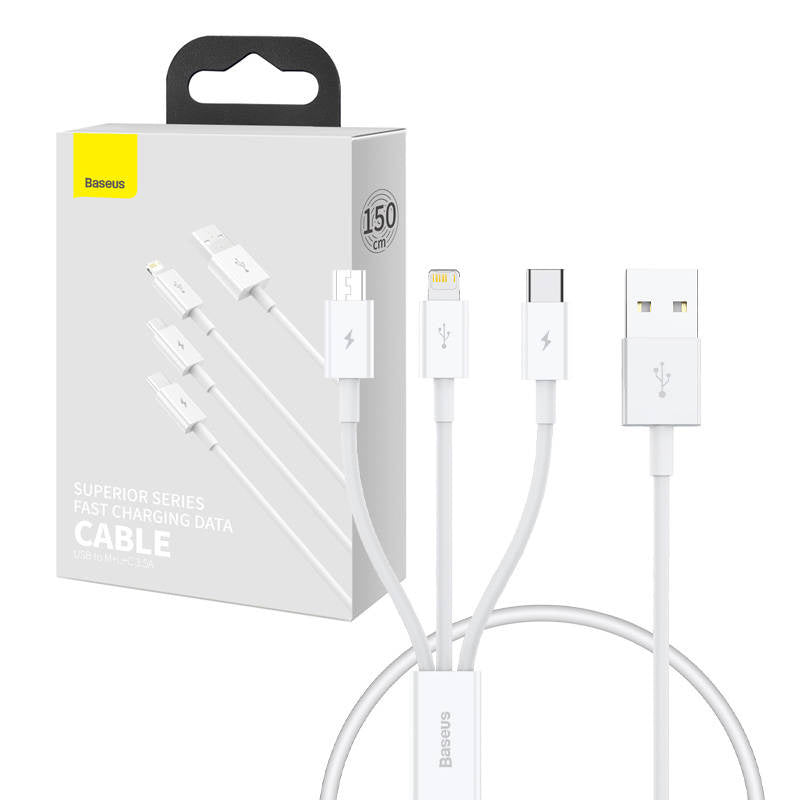 Quick Charge USB to M+L+C Baseus Superior Data 3.5A 0,5m (White) - Product Image 1