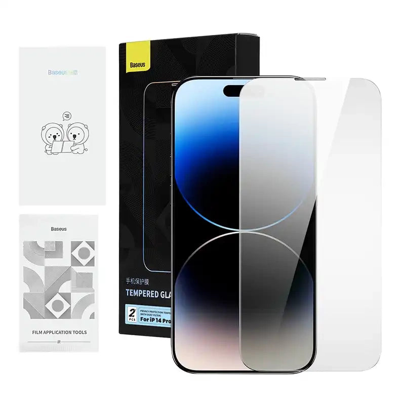 Privacy tempered Glass Baseus Iphone 14 Pro Max (2pcs) with 2 cleaning kits and dust-proof installation tool - Product Image 1