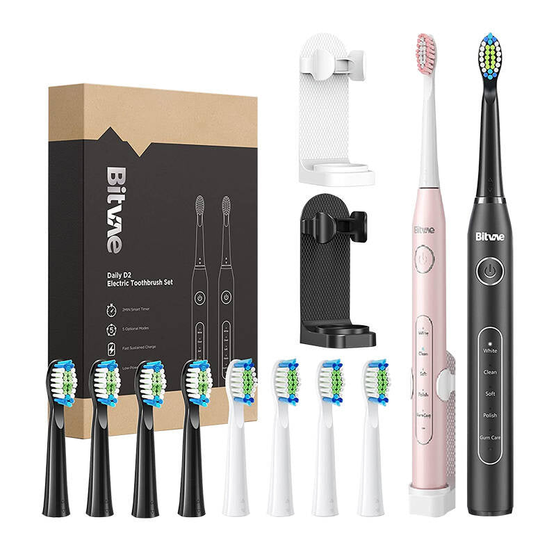 Sonic toothbrushes with tips set and 2 toothbrush holders Bitvae D2+D2 (pink and black) - Product Image 1