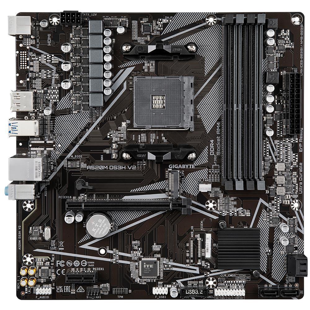 Mainboard GIGABYTE AMD A520 SAM4 Micro-ATX Memory DDR4 Memory slots 4 1xPCI-Express 3.0 1x 1xPCI-Express 3.0 16x 1xM.2 1xHDMI 1xDisplayPort 2xUSB 2.0 4xUSB 3.2 1xPS/2 1xRJ45 3xAudio port A520MDS3HV2