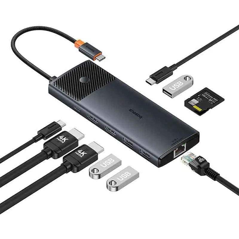 Adapter Hub 10in1 Baseus USB-C - 2xHDMI, 3xUSB-A, USB-C, RJ45, SD/TF, PD (black) - Product Image 5
