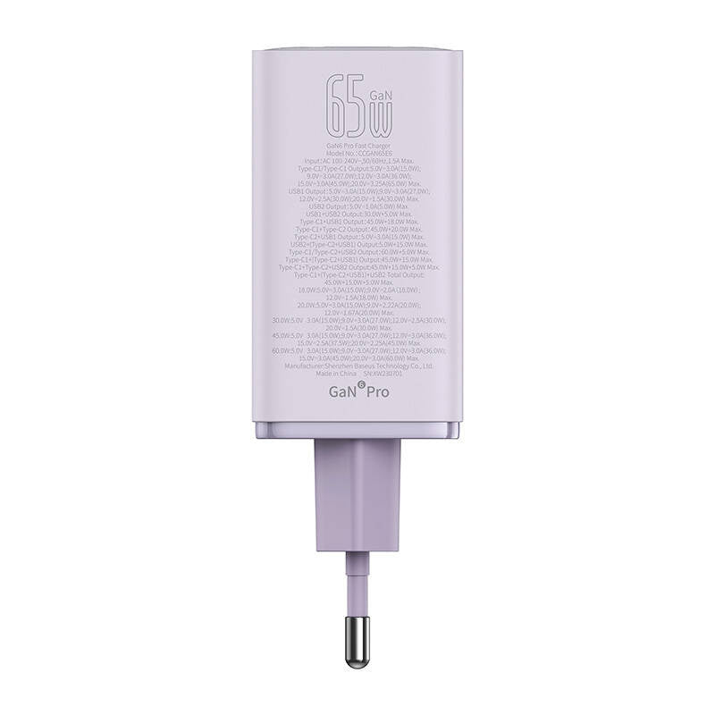 Baseus GAN6 Pro Fast Charger, 2xUSB-C + 2xUSB, 65W (purple) - Product Image 3