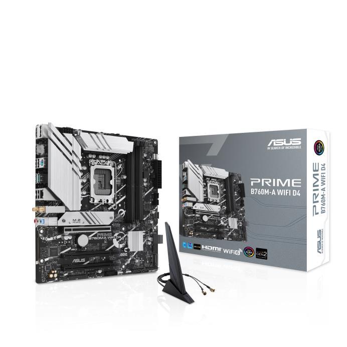 Mainboard ASUS Intel B760 Express LGA1700 Micro-ATX Memory DDR4 Memory slots 4 3xPCI-Express 4.0 16x 2xM.2 2xHDMI 1xDisplayPort 4xUSB 2.0 2xUSB 3.2 1xPS/2 1xRJ45 3xAudio port PRIMEB760M-AWIFID4