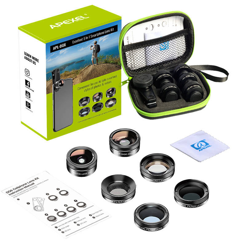 Mobile lens kit APEXEL APL-DG6V2 6 in 1 universal (black) - Product Image 2