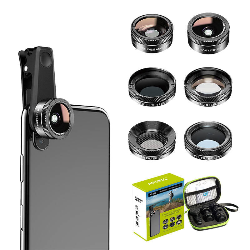 Mobile lens kit APEXEL APL-DG6V2 6 in 1 universal (black) - Product Image 1