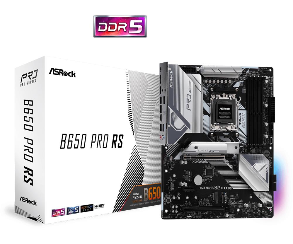 Mainboard ASROCK AMD B650 SAM5 ATX Memory DDR5 Memory slots 4 1xPCI-Express 3.0 16x 1xPCI-Express 4.0 16x 3xM.2 1xHDMI 1xDisplayPort 6xUSB 2.0 3xUSB 3.2 1xUSB-C 1xRJ45 3xAudio port B650PRORS