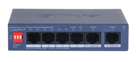 Switch DAHUA CS4006-4ET2GT-36 Switch type Managed Switch layer L2 Form factor Desktop/Wall-Mounting 6xRJ-45 ports RJ-45 Ports Type Gigabit Ethernet (10/100/1000) 4xFast Ethernet (copper) ports quantity 2xGigabit Ethernet (copper) ports quantity Power