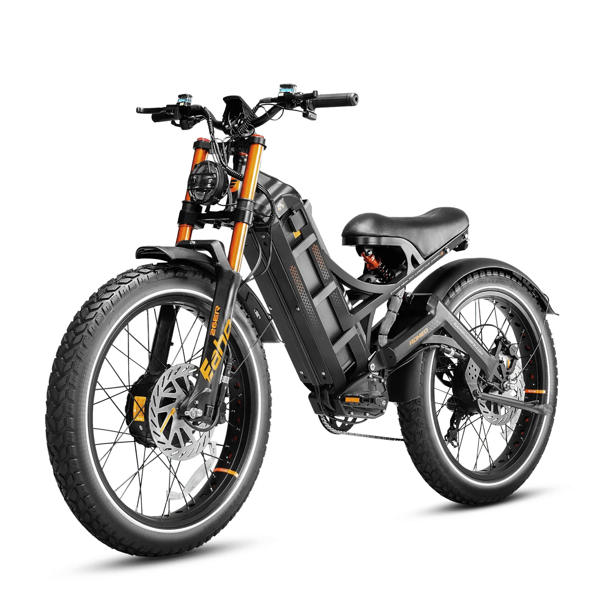 Eahora Romeo Pro II electric bike with 26-inch tires and dual 2000W motors, designed for off-road and all-terrain riding.