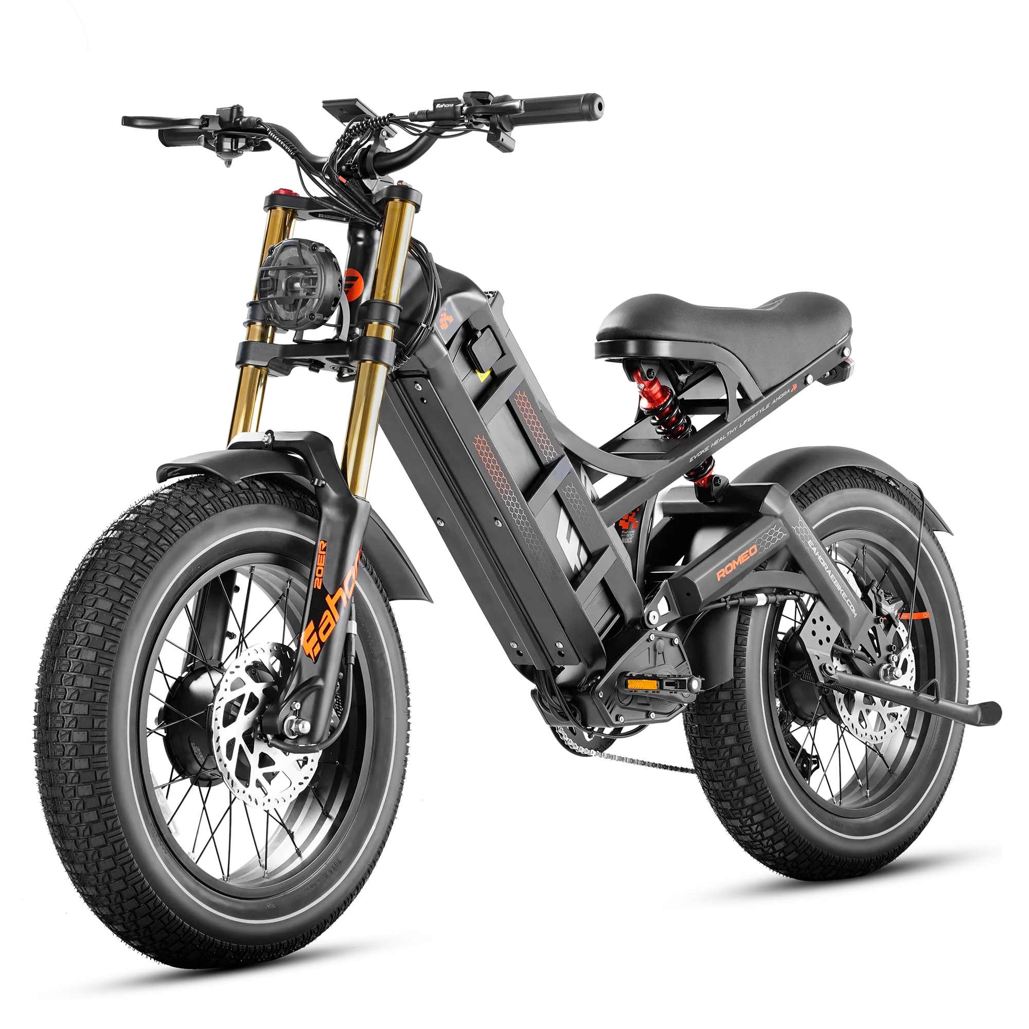 Eahora Romeo II E-Bike with 20-inch tires and dual 1250W motors, built for powerful performance and versatile all-terrain riding.