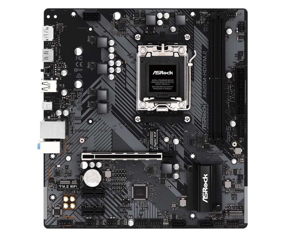 Mainboard ASROCK AMD A620 SAM5 Micro-ATX Memory DDR5 Memory slots 2 2xPCI-Express 3.0 1x 1xPCI-Express 4.0 16x 2xM.2 1xHDMI 1xDisplayPort 2xUSB 2.0 2xUSB 3.2 1xUSB-C 1xRJ45 3xAudio port A620M-HDV/M.2