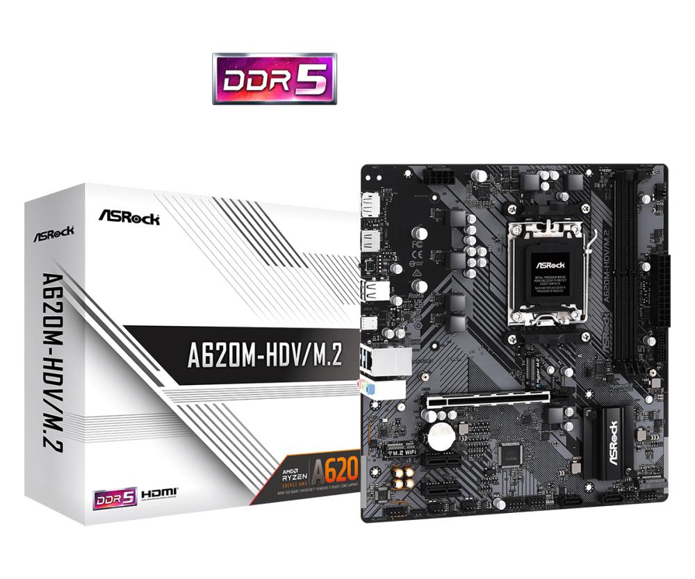 Mainboard ASROCK AMD A620 SAM5 Micro-ATX Memory DDR5 Memory slots 2 2xPCI-Express 3.0 1x 1xPCI-Express 4.0 16x 2xM.2 1xHDMI 1xDisplayPort 2xUSB 2.0 2xUSB 3.2 1xUSB-C 1xRJ45 3xAudio port A620M-HDV/M.2