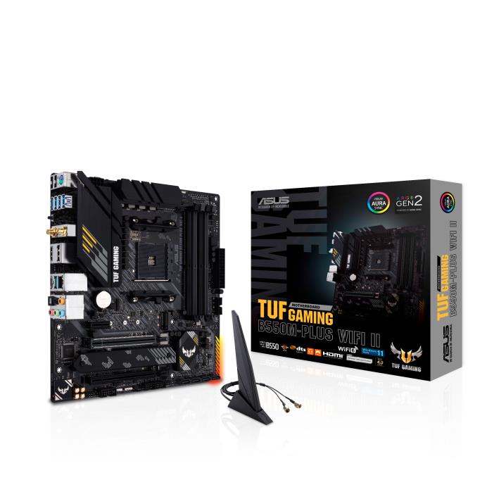 Mainboard ASUS AMD B550 SAM4 MicroATX Memory DDR4 Memory slots 4 1xPCI-Express 3.0 1x 1xPCI-Express 3.0 16x 1xPCI-Express 4.0 16x 2xM.2 1xHDMI 1xDisplayPort 2xUSB 2.0 5xUSB 3.2 1xUSB type C 1xPS/2 1xOptical S/PDIF 1xRJ45 5xAudio port TUFGAMB550MPLUSWIFIII
