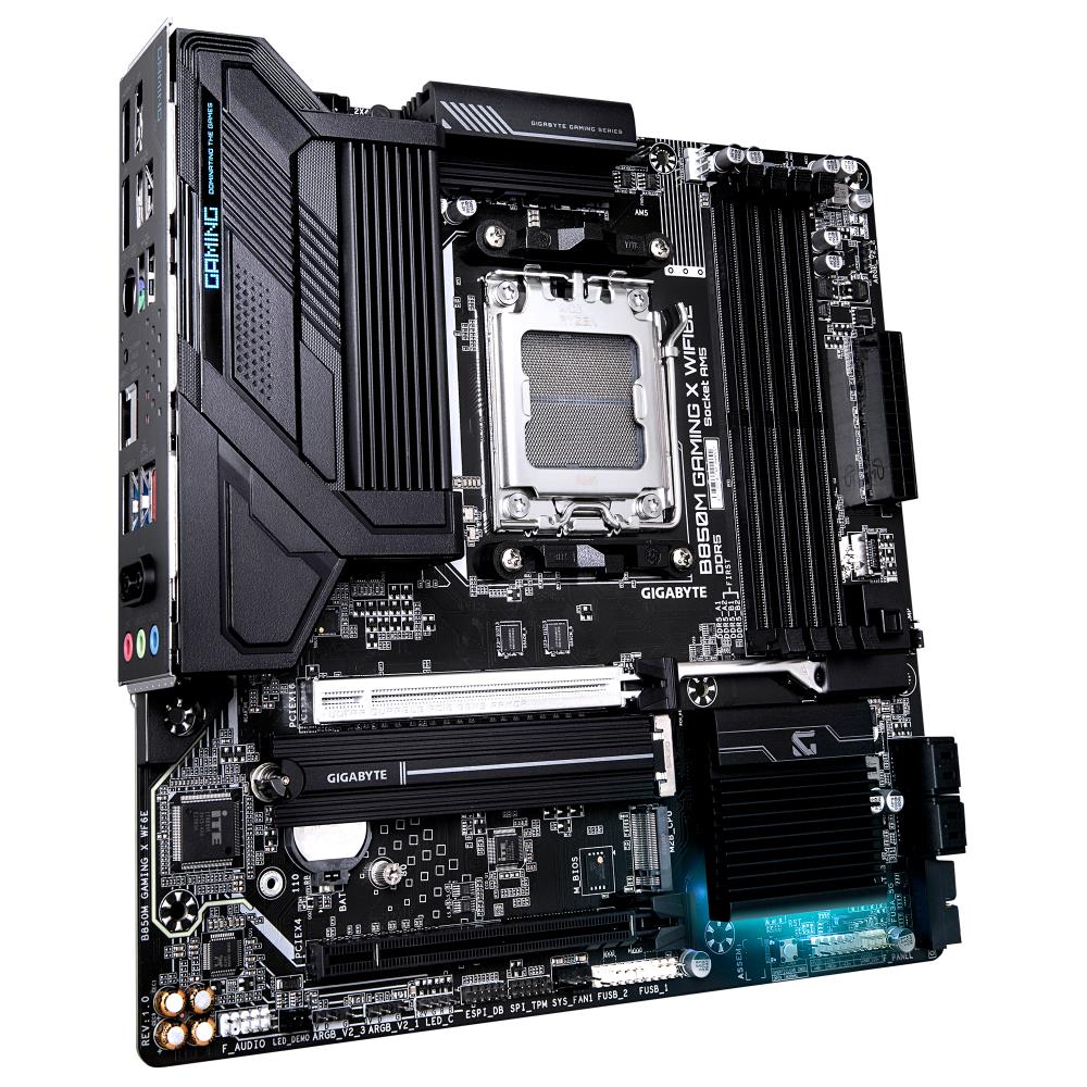 Mainboard GIGABYTE AMD B850 SAM5 Micro-ATX Memory DDR5 Memory slots 4 1xPCI-Express 3.0 4x 1xPCI-Express 5.0 16x 2xM.2 1xHDMI 2xDisplayPort 4xUSB 2.0 2xUSB 3.2 type B 1xUSB 3.2 1xUSB-C 1xPS/2 1xRJ45 3xAudio port B850MGAMINGXWF6E