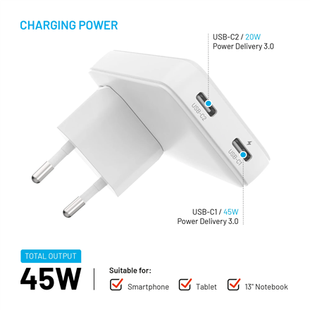 Fixed Slim Traveller 2xUSB-C Travel Charger with world adapters, GaN, 45W | White