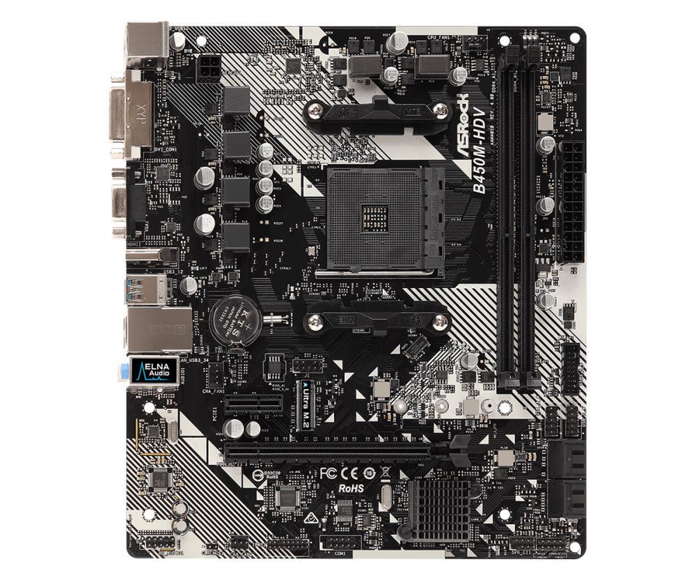 Mainboard ASROCK AMD B450 SAM4 Micro-ATX Memory DDR4 Memory slots 2 1xPCI-Express 2.0 1x 1xPCI-Express 3.0 16x 1xM.2 1x15pin D-sub 1xDVI-D 1xHDMI 2xUSB 2.0 4xUSB 3.1 1xPS/2 1xRJ45 3xAudio port B450M-HDVR4.0