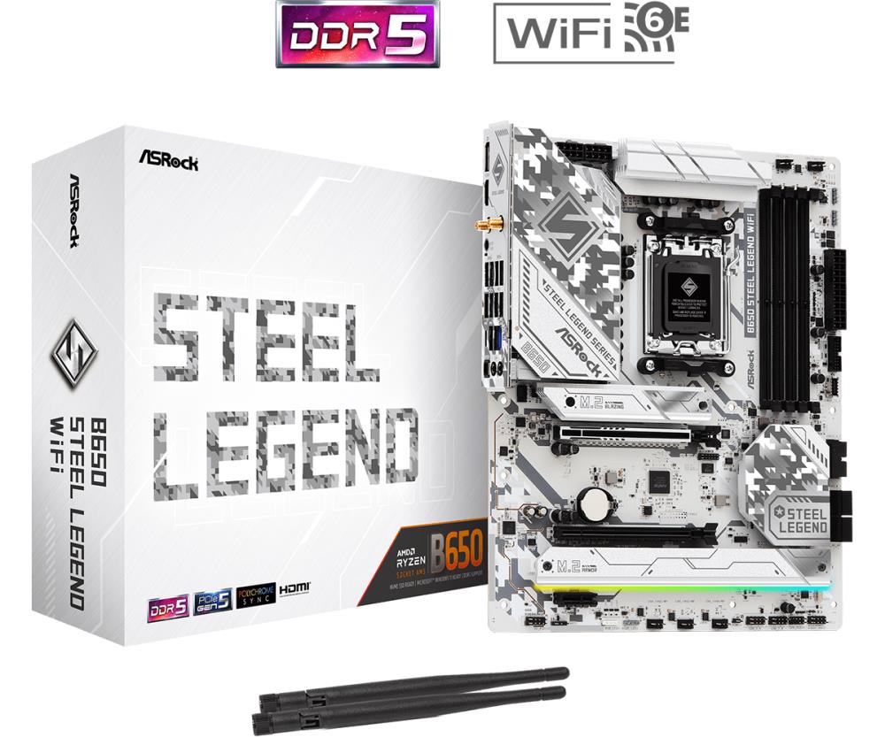 Mainboard ASROCK AMD B650 SAM5 ATX Memory DDR5 Memory slots 4 1xPCI-Express 3.0 16x 1xPCI-Express 4.0 1x 1xPCI-Express 5.0 16x 1xM.2 1xHDMI 1xDisplayPort 8xUSB 2.0 3xUSB 3.2 2xUSB-C 1xRJ45 2xAudio port B650STEELLEGENDWIFI