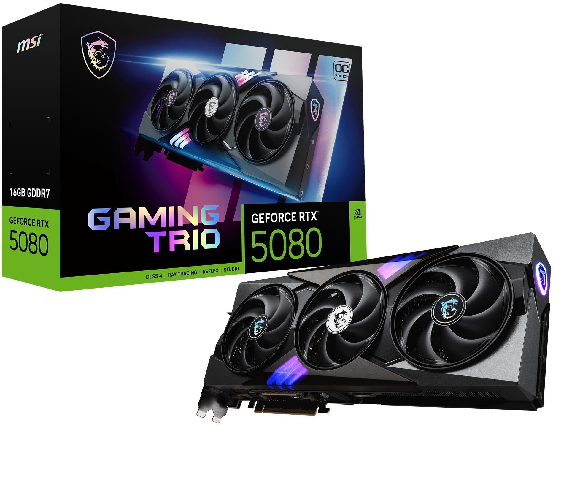 Graphics Card MSI NVIDIA GeForce RTX 5080 16 GB GDDR7 256 bit PCIE 5.0 16x Dual Slot Fansink 1xHDMI 3xDisplayPort RTX508016GGAMTRIOOC