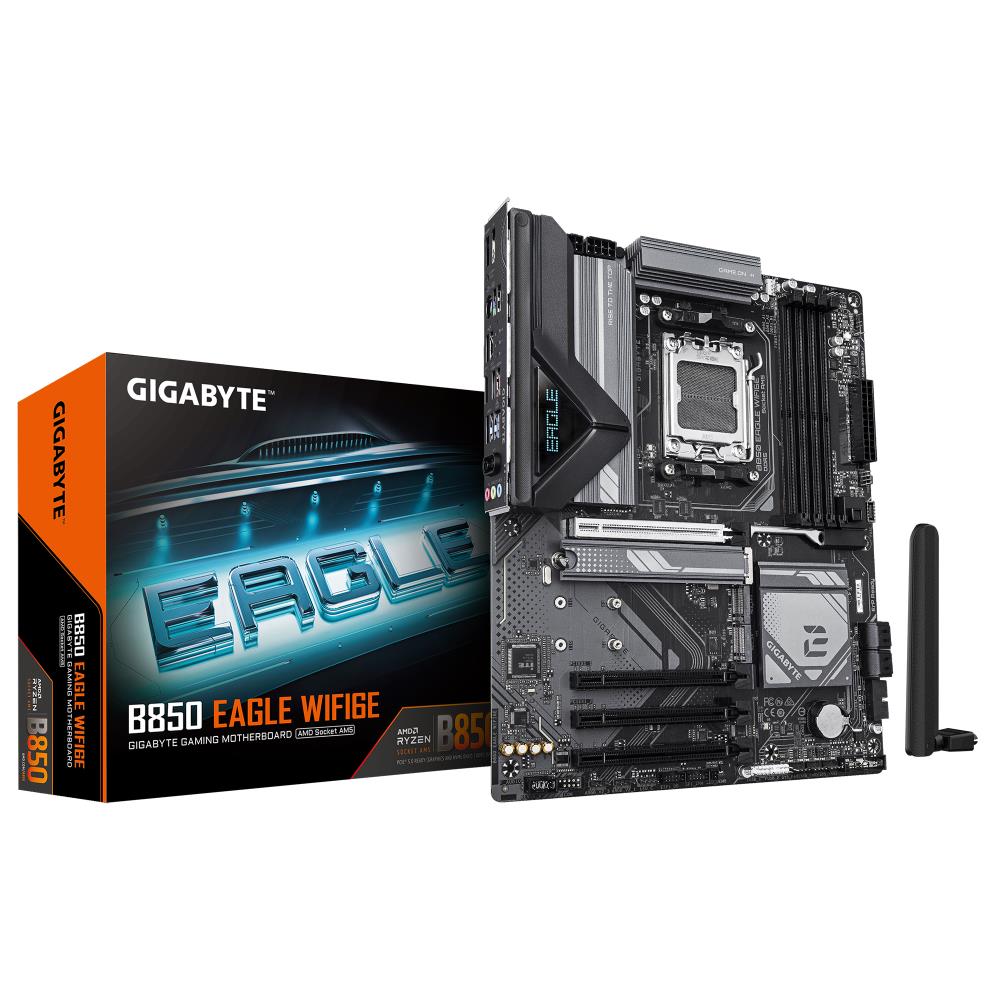 Mainboard GIGABYTE AMD B850 SAM5 ATX Memory DDR5 Memory slots 4 3xPCI-Express 16x 3xM.2 1xHDMI 1xDisplayPort 4xUSB 2.0 4xUSB 3.2 1xUSB-C 1xRJ45 3xAudio port B850EAGLEWIFI6E