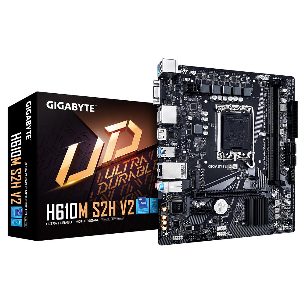 Mainboard GIGABYTE Intel H610 LGA1700 Micro-ATX Memory DDR5 Memory slots 2 1xPCI-Express 3.0 1x 1xPCI-Express 4.0 16x 1xM.2 1x15pin D-sub 1xHDMI 2xDisplayPort 4xUSB 2.0 2xUSB 3.2 1xPS/2 1xRJ45 3xAudio port H610MS2HV21.0
