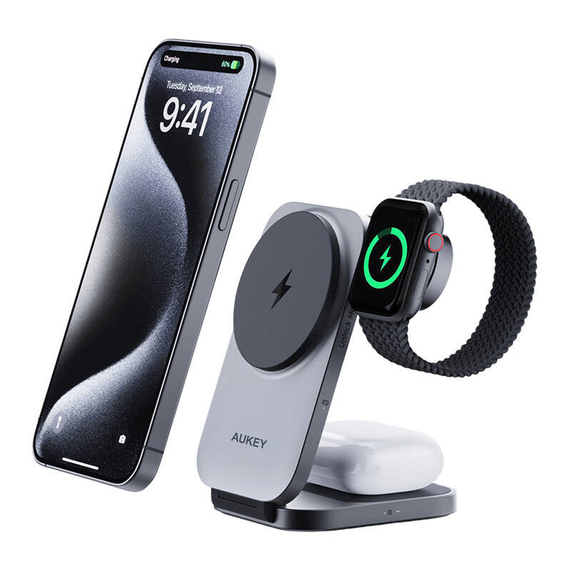 Magnetic Wireless Charger 3 in 1 MagFusion Aukey LC-MC312, 15W Qi2 (gray) - Product Image 1