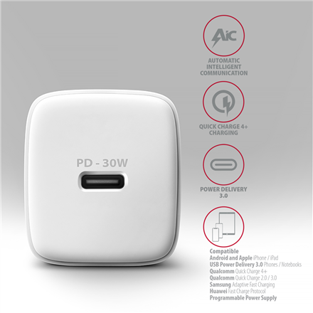 AXAGON Sil wallcharger 1x port USB-C, PD3.0 /PPS/QC4+/SFC/AFC/Apple, 30w | ACU-PD30W