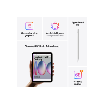 Apple | iPad mini Wi-Fi + Cellular | 8.3 " | Space Gray | IPS | 2266 x 1488 pixels | Apple A17 Pro | 512 GB | 3G | 4G | 5G | Wi-Fi | Front camera | 12 MP | Rear camera | 12 MP | Bluetooth | 5.3 | iPadOS | USB-C charging cable