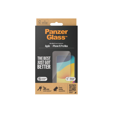 PanzerGlass | Screen protector | Apple | IPhone 15 Pro Max | Glass | Transparent | Ultra-wide fit, Scratch resistant, Drop protection, EasyAligner included