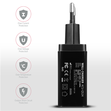 AXAGON Dual wallcharger 240V/2x USB port QC3.0/AFC/FCP and 5V-1.2A, 24W | ACU-QS24