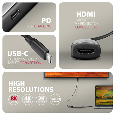 AXAGON Active converter RVC-HI8KPD, 100 W | USB Type-C to HDMI