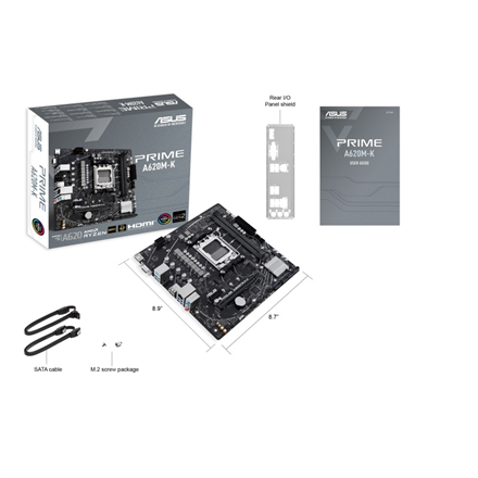 Asus | PRIME A620M-K | Processor family AMD | Processor socket AM5 | DDR5 DIMM | Memory slots 2 | Supported hard disk drive interfaces SATA, M.2 | Number of SATA connectors 4 | Chipset AMD A620 | micro-ATX