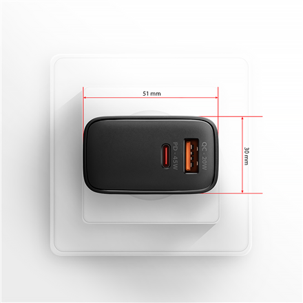 AXAGON GaN wallcharger 2x port (USB-A + USB-C), PD3.0/PPS/QC4+/SFC2.0/AFC/SCP/FCP/Apple, 45W | ACU-PQ45