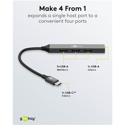 Goobay Slim 4-Port USB Hub, USB-C to USB-A, 5 Gbit/s | 74457