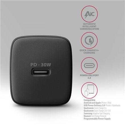 AXAGON Sil wallcharger 1x port USB-C, PD3.0/PPS/QC4+/SFC/AFC/Apple, 30W | ACU-PD30