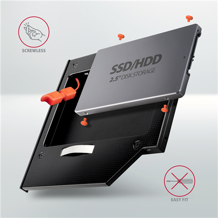 AXAGON Optical disk drive caddy for 2.5“ SSD/HDD. LED, 9.5 mm, Aluminum | RSS-CD09