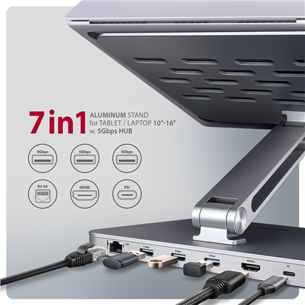 AXAGON Desk Mount | HMC-STND USB-C 5Gbps Stand and Hub 7in1 | Adjustable Height, Tilt | 10-16 " | Aluminum