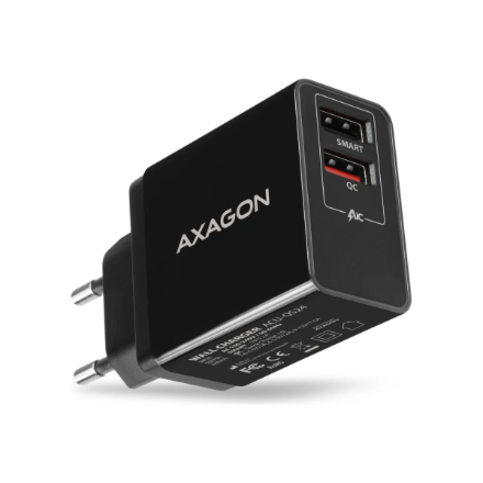 AXAGON Dual wallcharger 240V/2x USB port QC3.0/AFC/FCP and 5V-1.2A, 24W | ACU-QS24