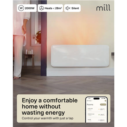 Mill Invisible Smart WiFi Heater | PA2000WIFI4 | Panel Heater | 2000 W | Suitable for rooms up to 24-28 m² | White | IPX4