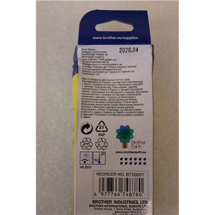 SALE OUT. Brother BT-5000Y Yellow ink bottle | SALE OUT. Brother BT5000Y | Ink Cartridge | Yellow | DAMAGED PACKAGING