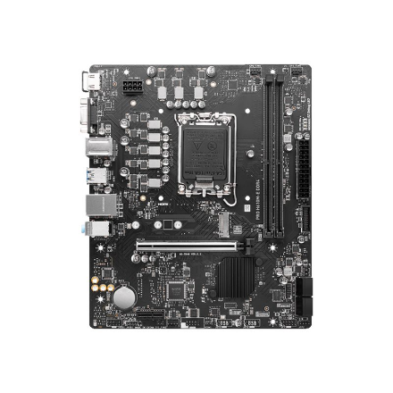 MSI | PRO H610M-E DDR4 | Processor family Intel | Processor socket LGA1700 | DDR4 DIMM | Memory slots 2 | Supported hard disk drive interfaces SATA, M.2 | Number of SATA connectors 4 | Chipset Intel H610 | Mirco-ATX