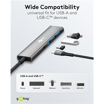 Goobay Slim 4-Port USB Hub, USB-C to USB-C/USB-A, 5 Gbit/s | 76562